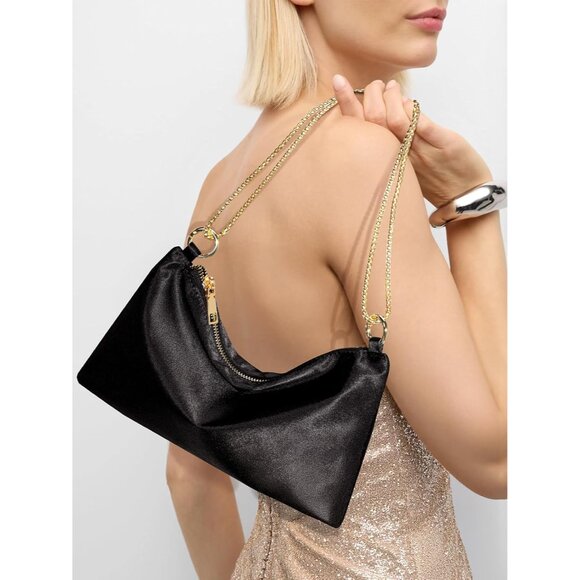 Women's Black Satin Evening Handbag with Detachable Chain for Prom Wedding Party - Picture 2 of 7